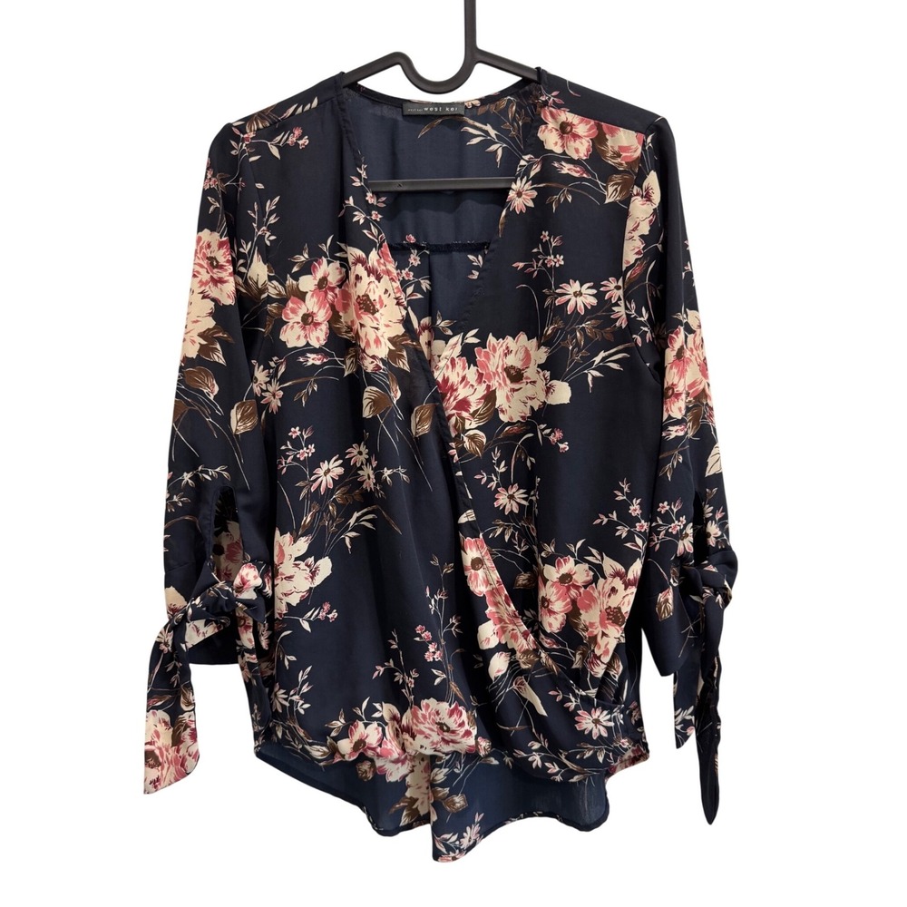 West Kel Floral Wrap Blouse Long Sleeve Tie Navy Pink Womens